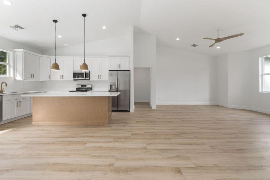 View to kitchen and great room