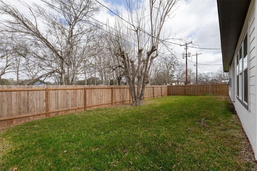 Enormous backyard with a well-maintained lawn, surrounded by a wooden privacy fence. The side of the house is visible, and there are mature trees, offering a blend of open space and shade. Enormous backyard with a well-maintained lawn, surrounded by a wooden privacy fence. The side of the house is visible, and there are mature trees, offering a blend of open space and shade.