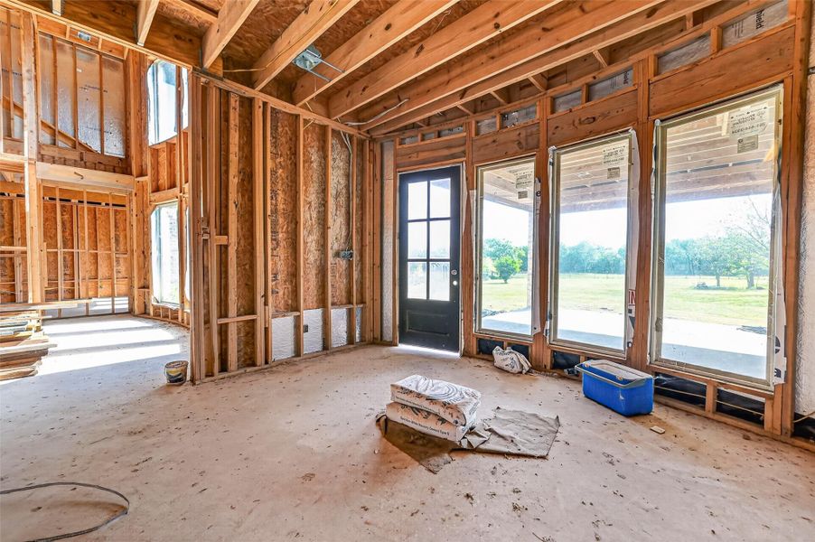 Open unfinished space showcasing framing and build progress.