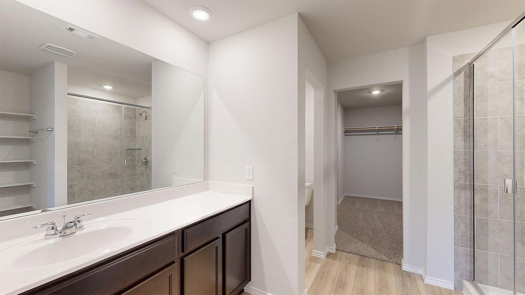 A well-lit primary bathroom featuring a spacious vanity, sleek shower, and an adjoining walk-in closet.