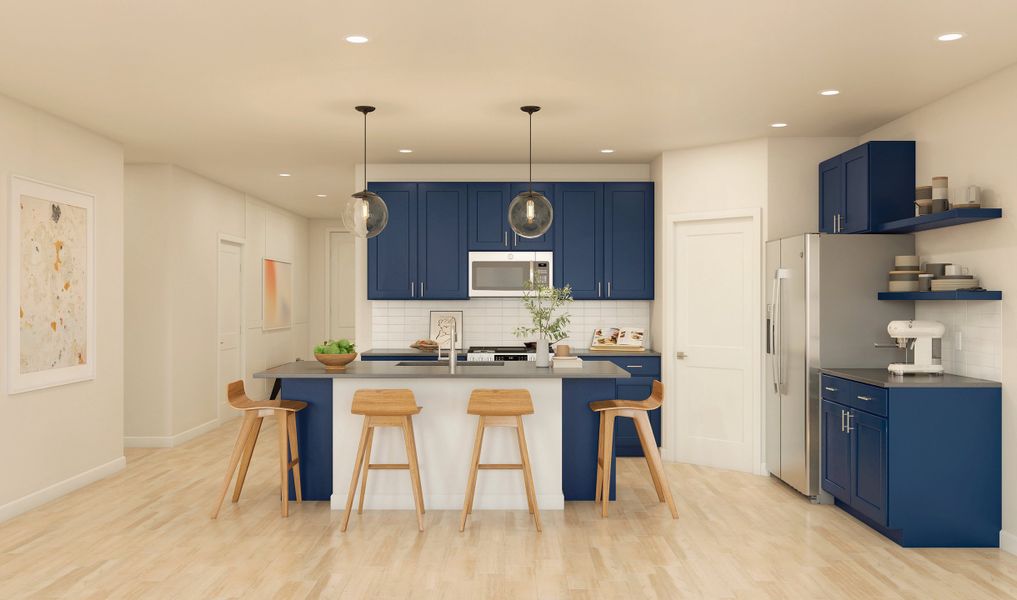Kitchen with floating shelves and pendant lighting