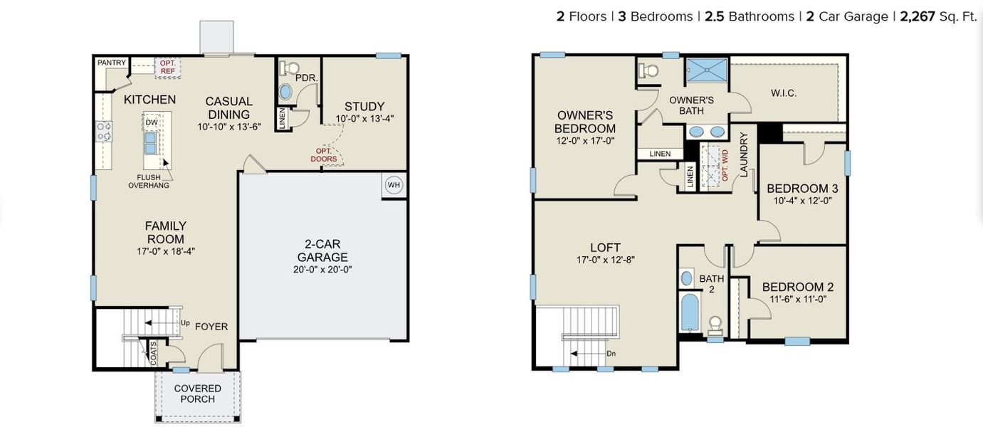 2D floor plan layout for the Wayfare - Single Family Homes by Dream Finders Homes in Magnolia Ridge, Lillington, NC (Image 3).
