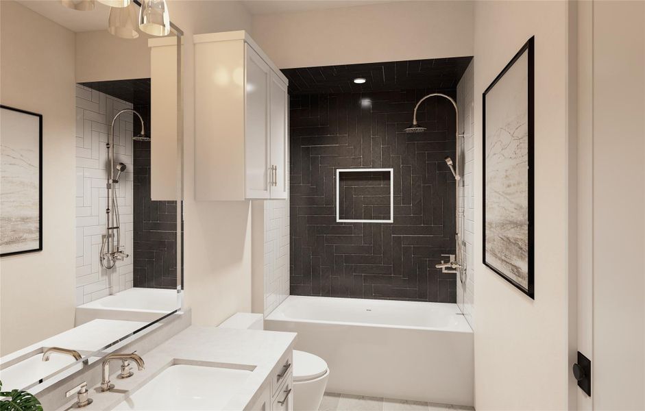 This bathroom concept highlights dramatic contrast with dark herringbone tile enveloping the shower wall, framed by lighter vertical tilework. A large mirror and sleek double vanity add a sense of depth and balance, setting the stage for a timeless and elegant bath experience.