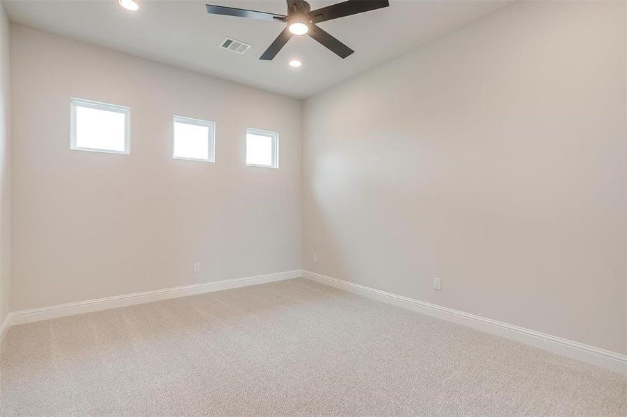 Unfurnished room with a healthy amount of sunlight, carpet, and ceiling fan