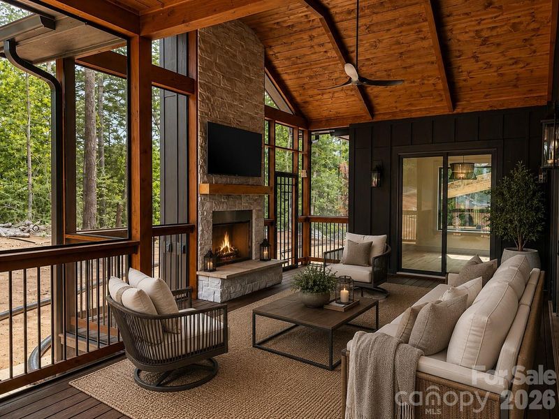 Expansive screened porch with vaulted wood ceiling and wood burning fireplace. Virtually staged