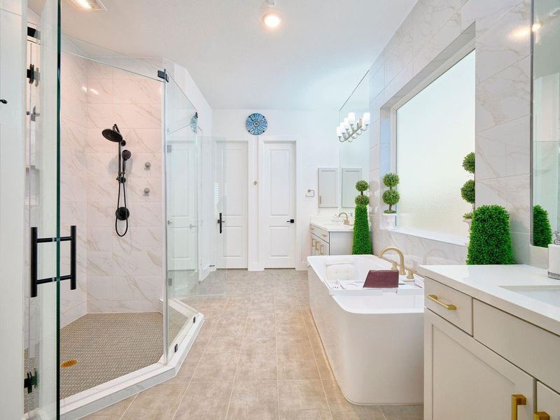 Indulge in a spa-like oasis with dual sinks, an oversized walk-in shower, and a luxurious jacuzzi tub.