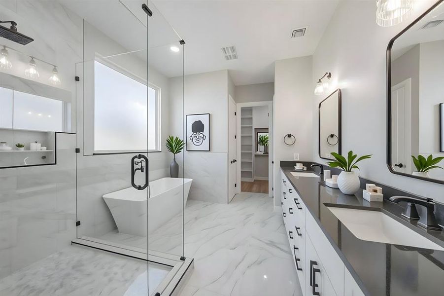 Full bath with marble finish flooring, a soaking tub, double vanity, and a shower Full bath with marble finish flooring, a soaking tub, double vanity, and a shower