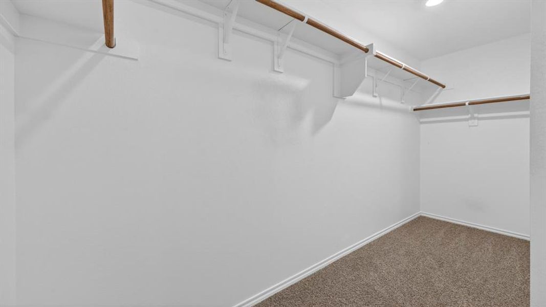 Walk-in closet featuring light-colored walls, ceiling-mounted lighting, multiple storage shelves, and hanging rods