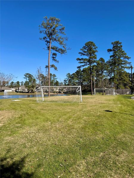 Grassy area featuring two soccer goals, surrounded by tall trees and a view of a serene pond, perfect for outdoor activities and sports. Grassy area featuring two soccer goals, surrounded by tall trees and a view of a serene pond, perfect for outdoor activities and sports.