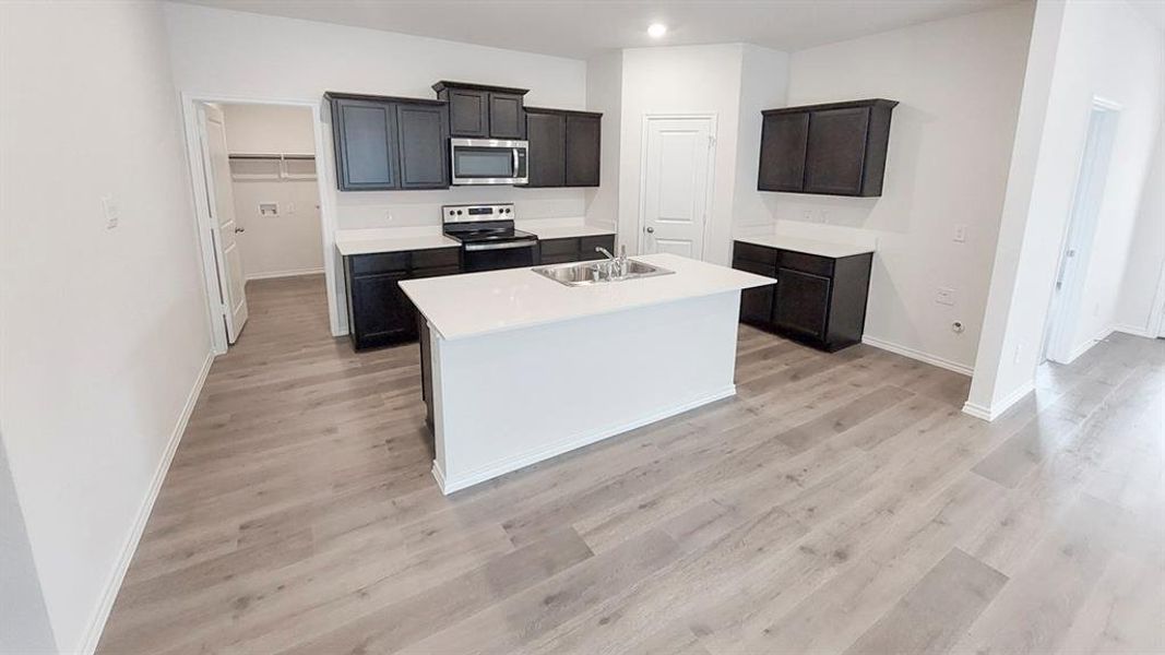 Kitchen with stainless steel appliances, light wood finished floors, an island with sink, and recessed lighting Kitchen with stainless steel appliances, light wood finished floors, an island with sink, and recessed lighting