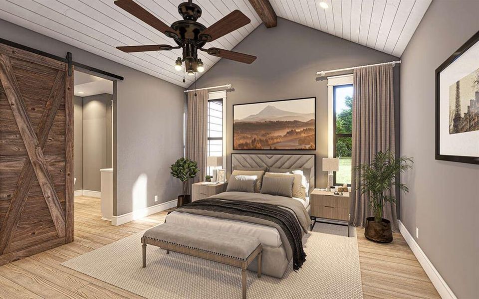 Master bedroom with optional barn door to the master bath. Master bedroom with optional barn door to the master bath.