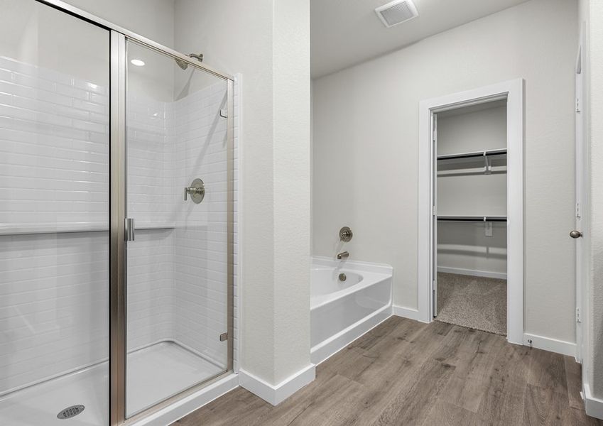 The master bathroom has a glass, walk-in shower and garden tub.