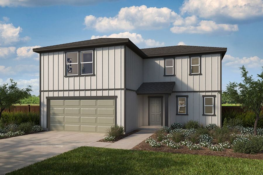 Representative exterior photo of a completed home built from the 2501 by KB Home in Madera Preserve, New Caney, TX (Image 7). Representative exterior photo of a completed home built from the 2501 by KB Home in Madera Preserve, New Caney, TX (Image 7).