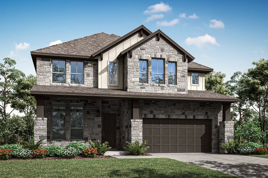 Front exterior of a new home in Park Collection at Heritage, Dripping Springs, TX, highlighting curb appeal (Image 1).