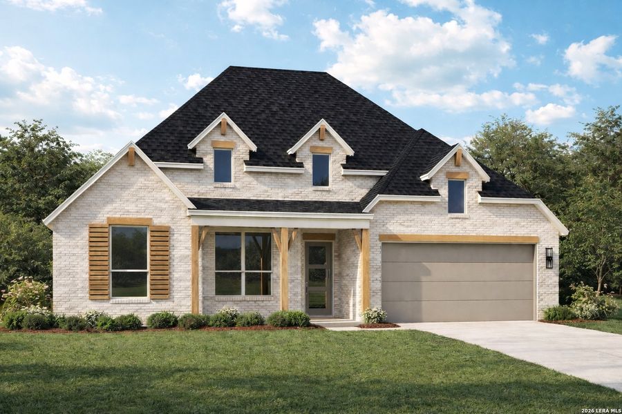 Front exterior of a new home in Hallie's Cove, Schertz, TX, highlighting curb appeal (Image 1). Front exterior of a new home in Hallie's Cove, Schertz, TX, highlighting curb appeal (Image 1).