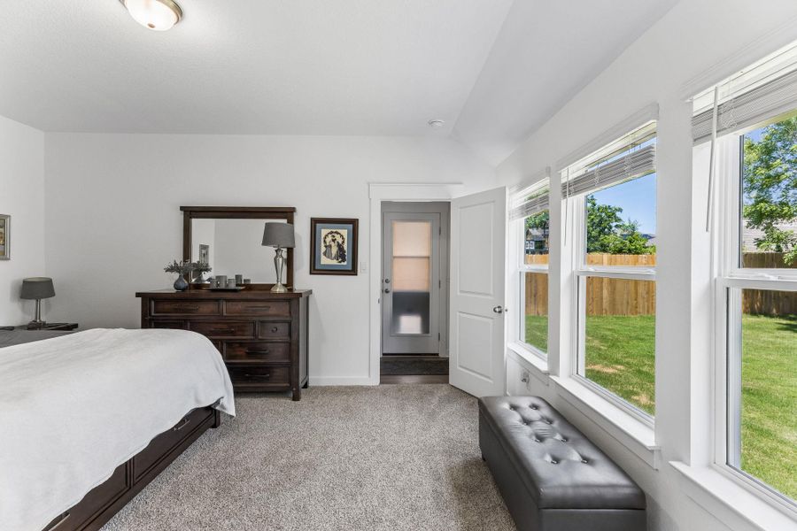 Carpeted room featuring multiple large windows, a light-colored ceiling, and a white interior door