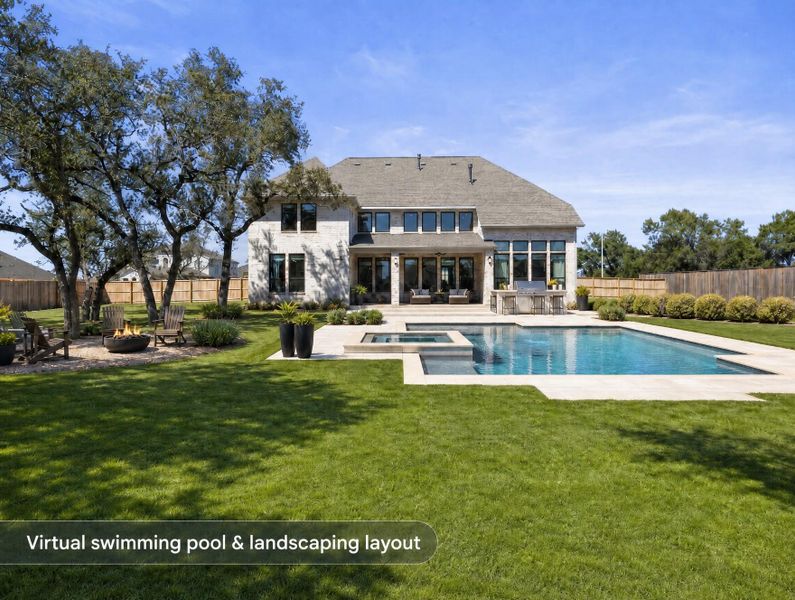 An inviting backyard oasis awaits with a sparkling pool and a cozy fire pit. An inviting backyard oasis awaits with a sparkling pool and a cozy fire pit.