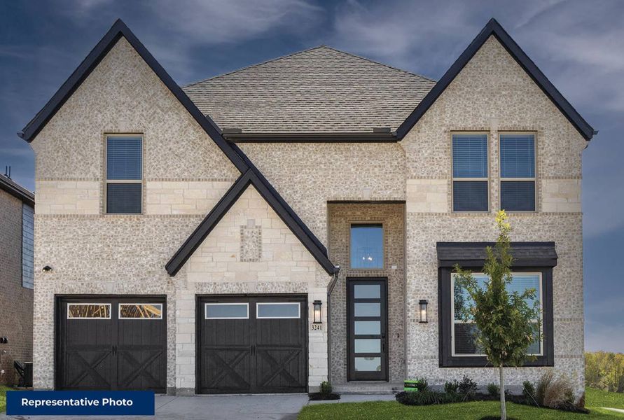 Representative exterior photo of a completed home built from the Sheffield F-EW by First Texas Homes in Estates at Edgewood Creek, Celina, TX (Image 1). Representative exterior photo of a completed home built from the Sheffield F-EW by First Texas Homes in Estates at Edgewood Creek, Celina, TX (Image 1).