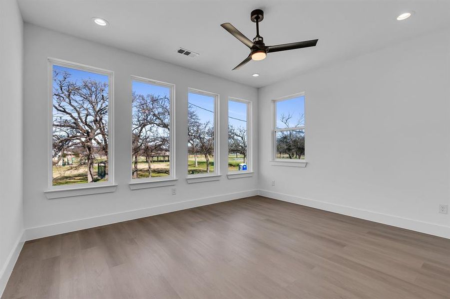 Unfurnished room featuring hardwood / wood-style flooring, plenty of natural light, and ceiling fan