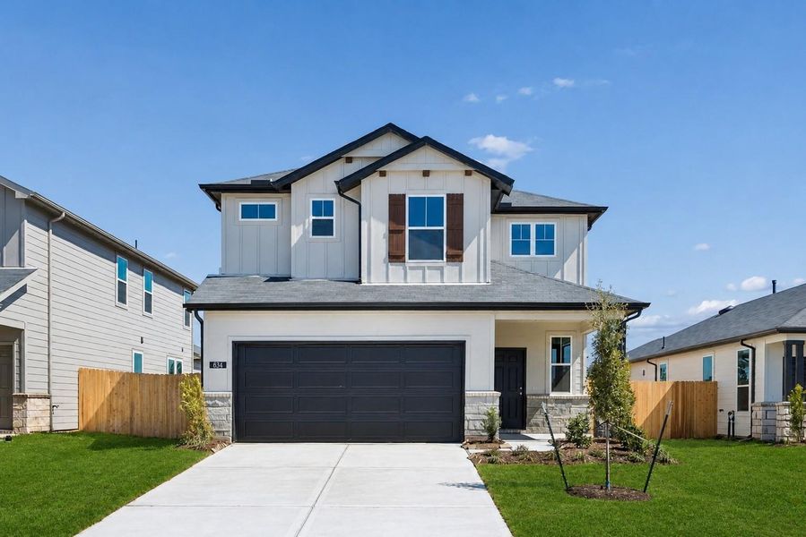 Front exterior of a new home in Montgomery Bend, Montgomery, TX, highlighting curb appeal (Image 1). Front exterior of a new home in Montgomery Bend, Montgomery, TX, highlighting curb appeal (Image 1).