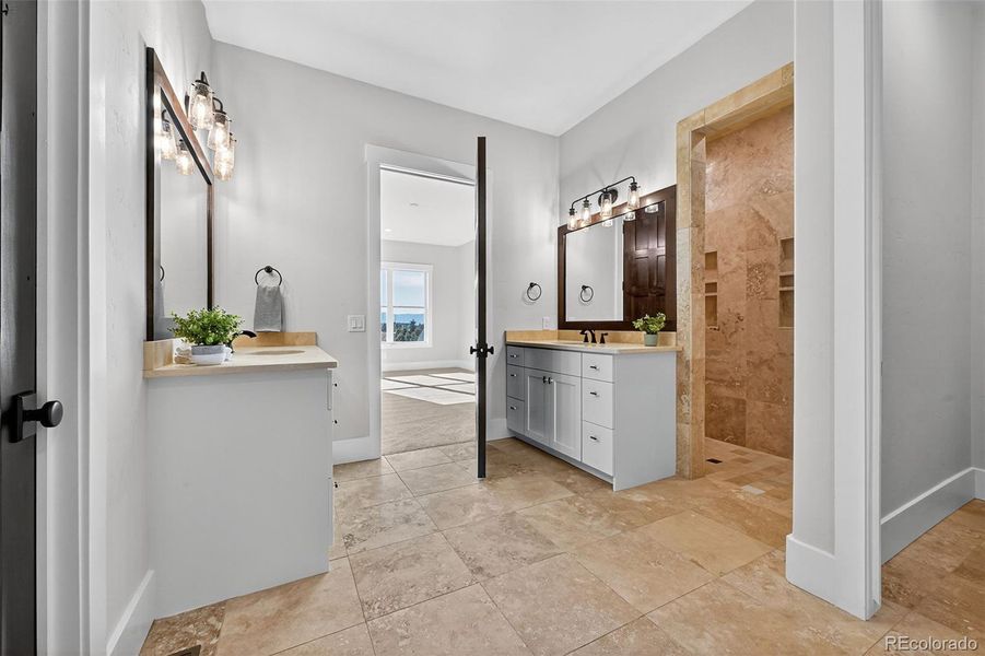 Master Bedroom Bath with double vanities & step-in Euro shower.