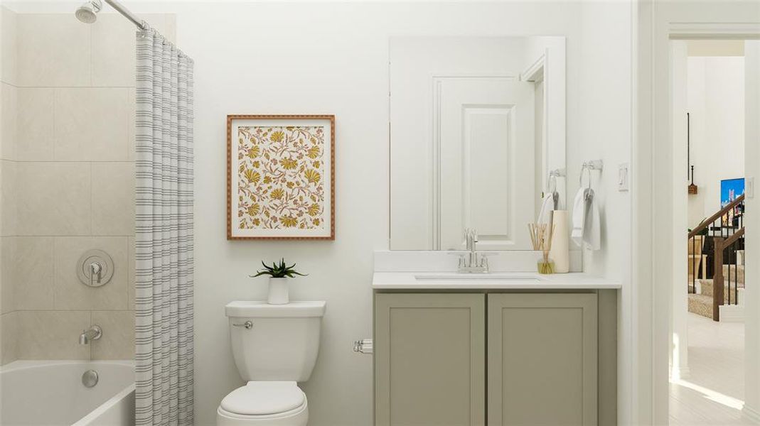 Full bathroom featuring shower / bath combination with curtain, vanity, and toilet