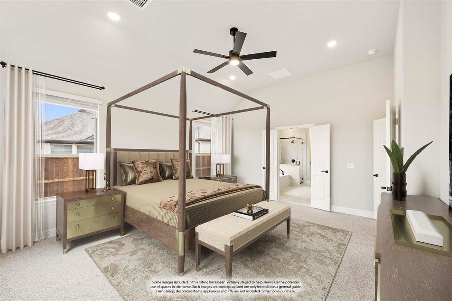 Master bedroom with four-poster bed, ceiling fan, carpet flooring, and ensuite bathroom access Master bedroom with four-poster bed, ceiling fan, carpet flooring, and ensuite bathroom access