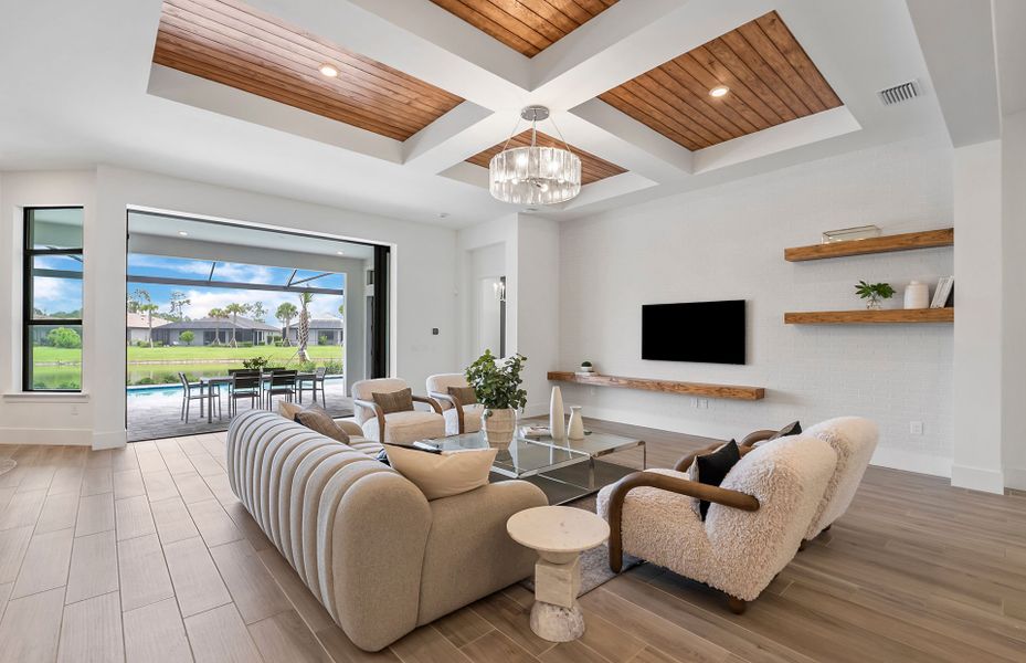 Spacious gathering room with decorative ceiling