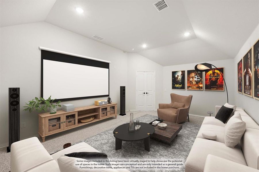 Media room with large projection screen, floor speakers, sectional sofa, and vaulted ceiling Media room with large projection screen, floor speakers, sectional sofa, and vaulted ceiling