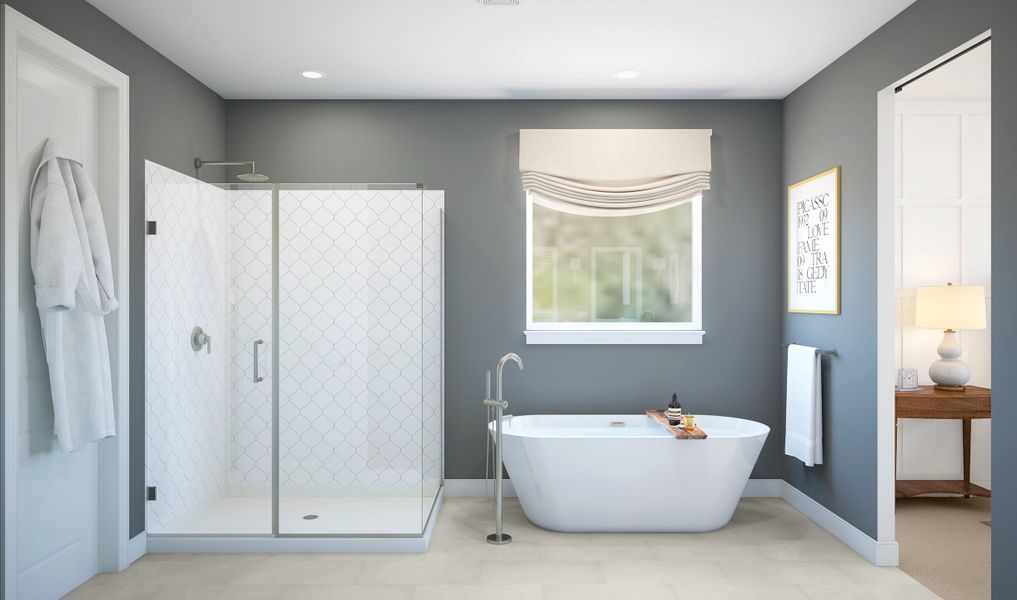 Glass shower enclosure with freestanding tub