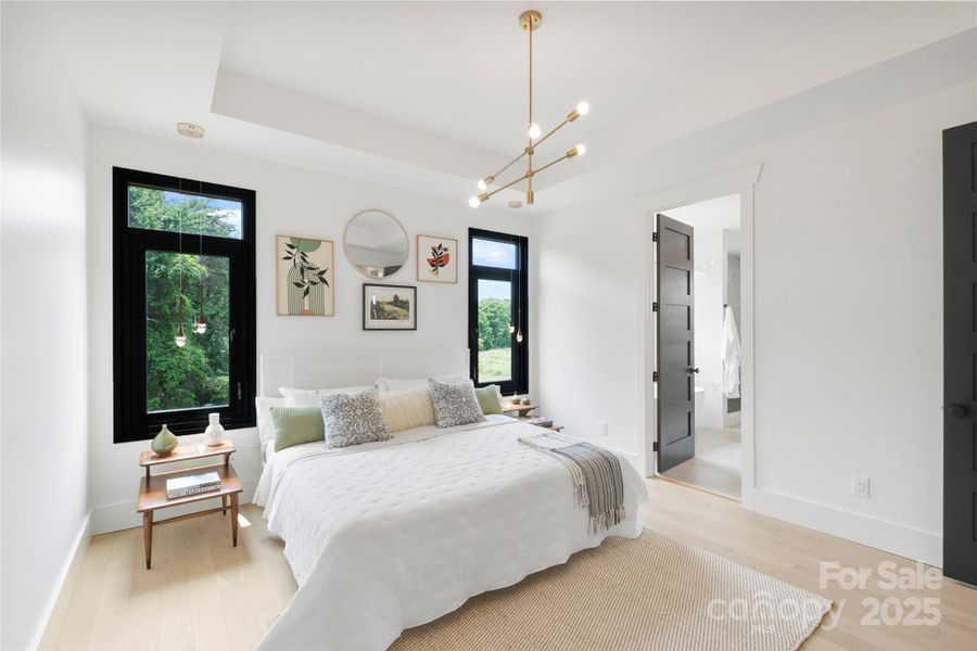 Designer Chandelier and Dual reading pendant lights with individual controls beside bed Designer Chandelier and Dual reading pendant lights with individual controls beside bed