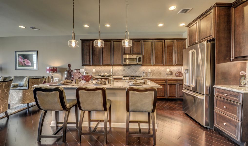 Kitchen with pendant lights over island