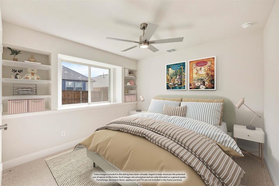 Bedroom with ceiling fan, built-in shelves, large window, and striped bedding on a queen bed Bedroom with ceiling fan, built-in shelves, large window, and striped bedding on a queen bed