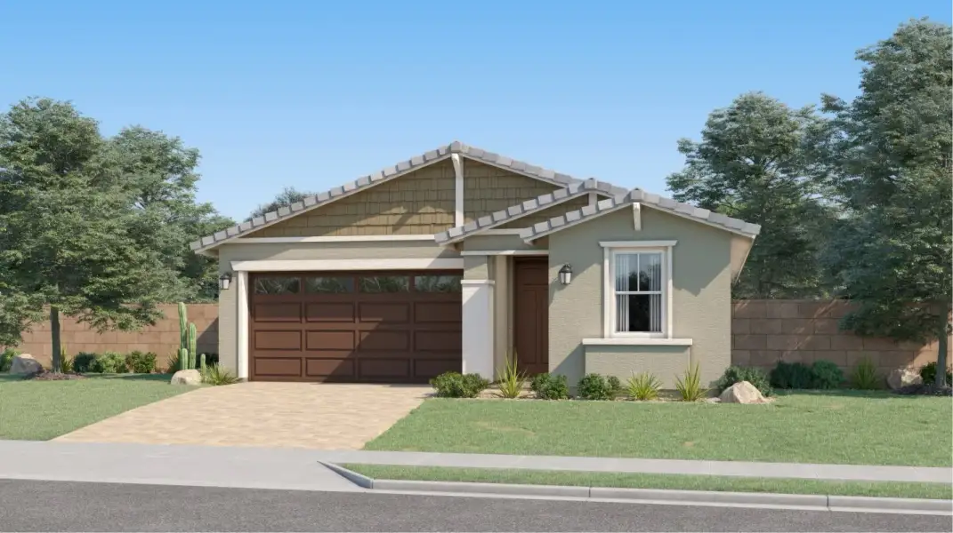 Front exterior of a new home in Ventana Ranch, Buckeye, AZ, highlighting curb appeal (Image 1). Front exterior of a new home in Ventana Ranch, Buckeye, AZ, highlighting curb appeal (Image 1).