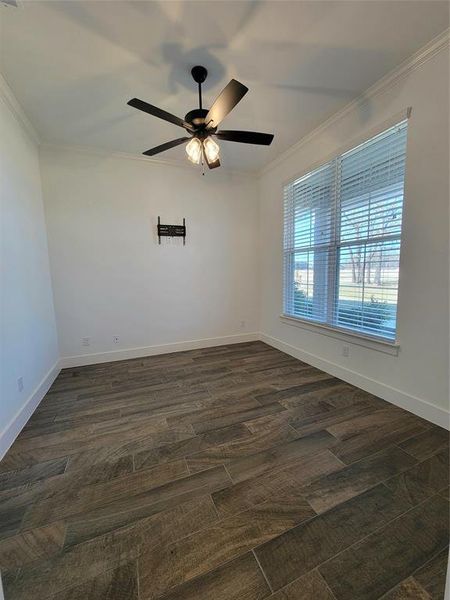 Office in the front of the hose for extra privacy for working. featuring dark hardwood / wood-style floors, ceiling fan, and ornamental molding