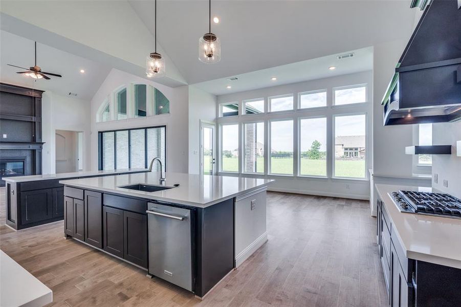 Kitchen featuring an island with sink, sink, light wood-type flooring, and stainless steel appliances