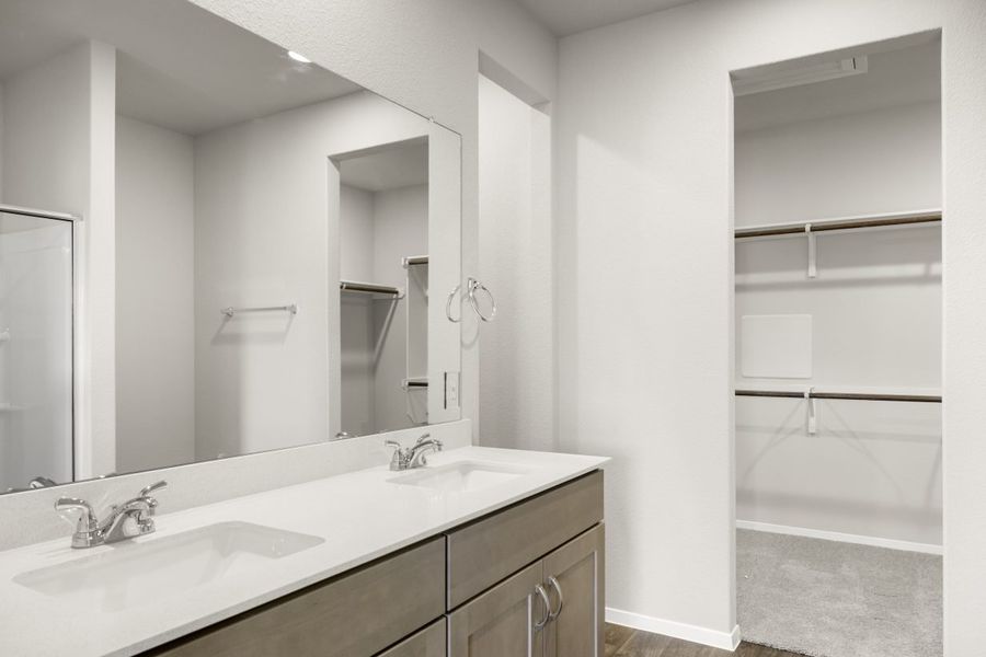 Image of home primary bathroom with vanity with white countertop and light brown cabinets and mirror, and doorway to walk-in closet