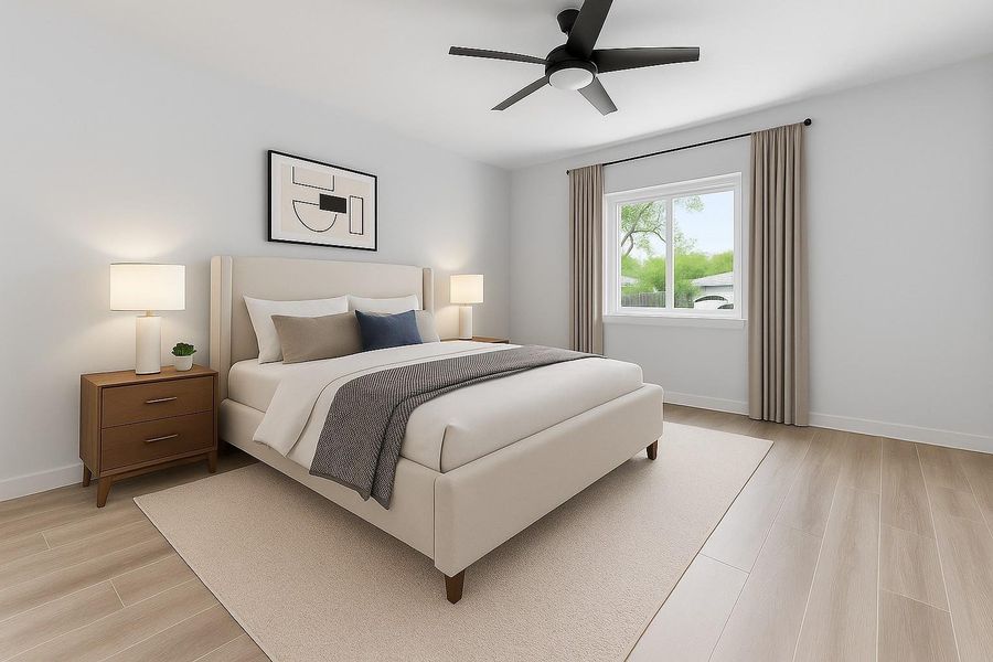 Experience serenity in the primary bedroom, featuring modern elegance with soft lighting, warm wood floors, and a picturesque window view. Enjoy large and extended en-suite primary bathroom and walk in closet. Virtually Staged Experience serenity in the primary bedroom, featuring modern elegance with soft lighting, warm wood floors, and a picturesque window view. Enjoy large and extended en-suite primary bathroom and walk in closet. Virtually Staged