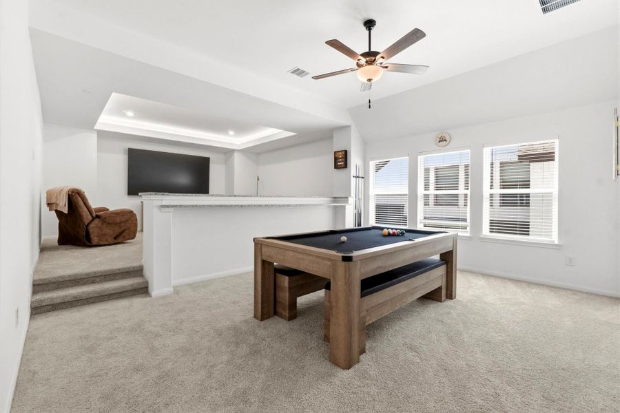 This bright entertainment room. It has carpeted floors, a ceiling fan, and ample natural light from multiple windows. An elevated area perfect for media room entertainment