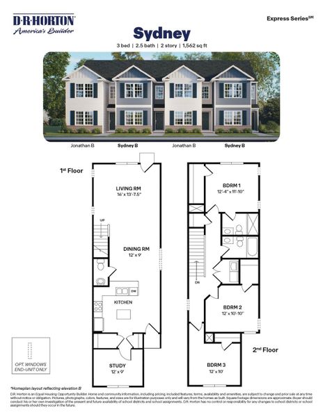 2D floor plan layout for the SYDNEY by D.R. Horton in Thornton Townes, Raleigh, NC (Image 2).