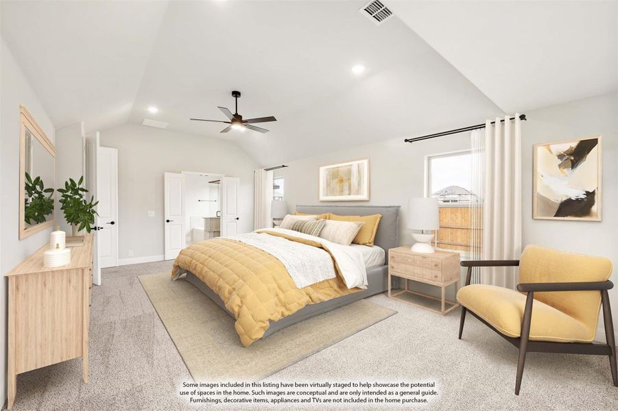 Spacious master bedroom with vaulted ceiling, ceiling fan, carpet flooring, and ensuite bathroom door visible Spacious master bedroom with vaulted ceiling, ceiling fan, carpet flooring, and ensuite bathroom door visible