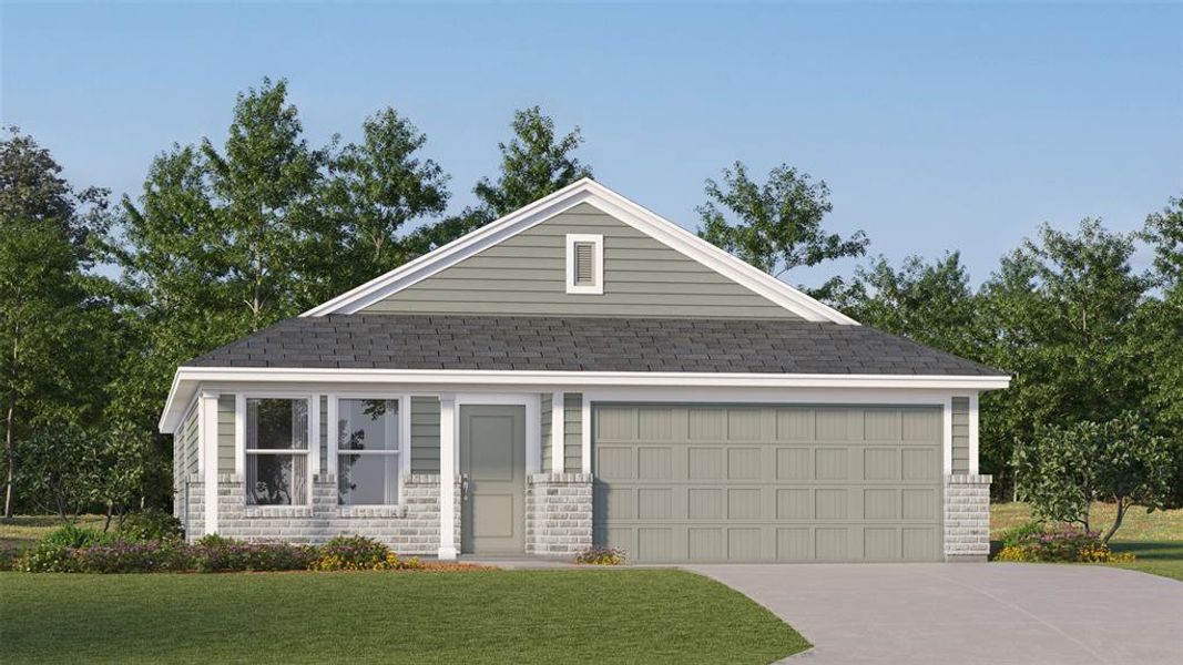 View of front of house with driveway, a front lawn, and roof with shingles