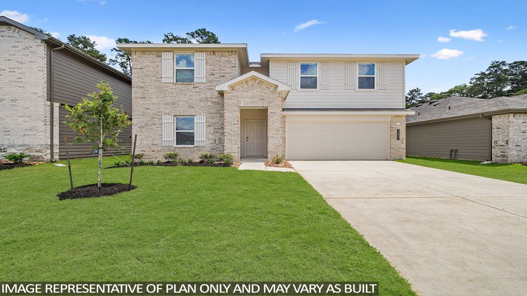 Representative exterior photo of a completed home built from the Quincy by D.R. Horton in Grand Pines, Magnolia, TX (Image 1). Representative exterior photo of a completed home built from the Quincy by D.R. Horton in Grand Pines, Magnolia, TX (Image 1).