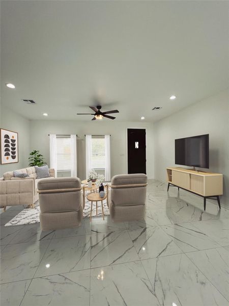 Living room featuring recessed lighting, visible vents, marble finish floor, and ceiling fan Living room featuring recessed lighting, visible vents, marble finish floor, and ceiling fan