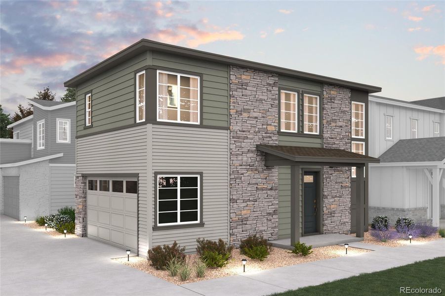 Front exterior of a new home in The Contemporary Collection at Windler, Aurora, CO, highlighting curb appeal (Image 1).