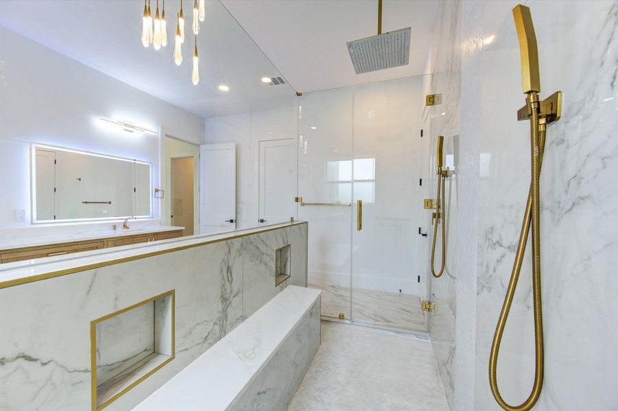 Exquisitely crafted wall and floor tiles with gold trims. Everything here comes in twos — designed for him and her.