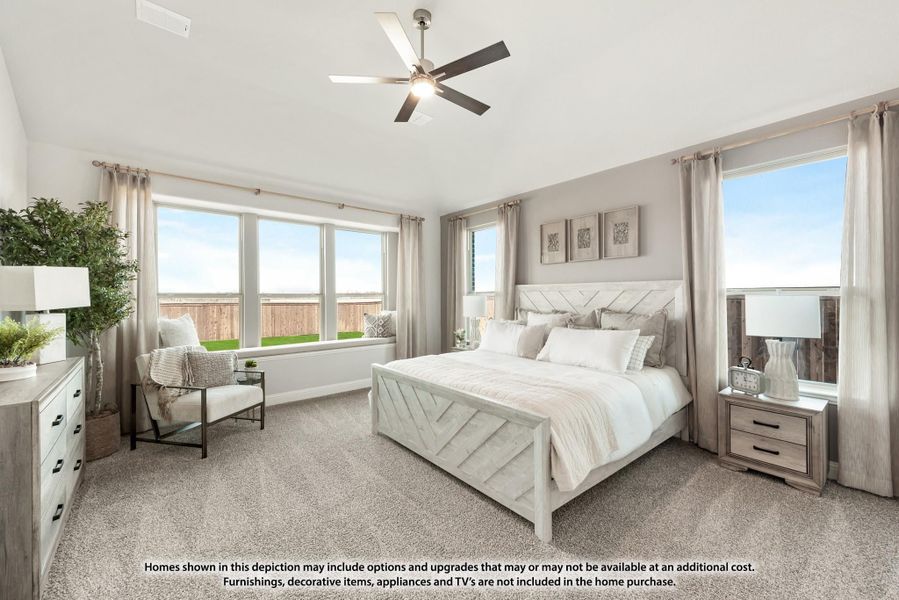Spacious master bedroom with white wood bed frame, ceiling fan, carpet flooring, and large windows with natural light. Spacious master bedroom with white wood bed frame, ceiling fan, carpet flooring, and large windows with natural light.