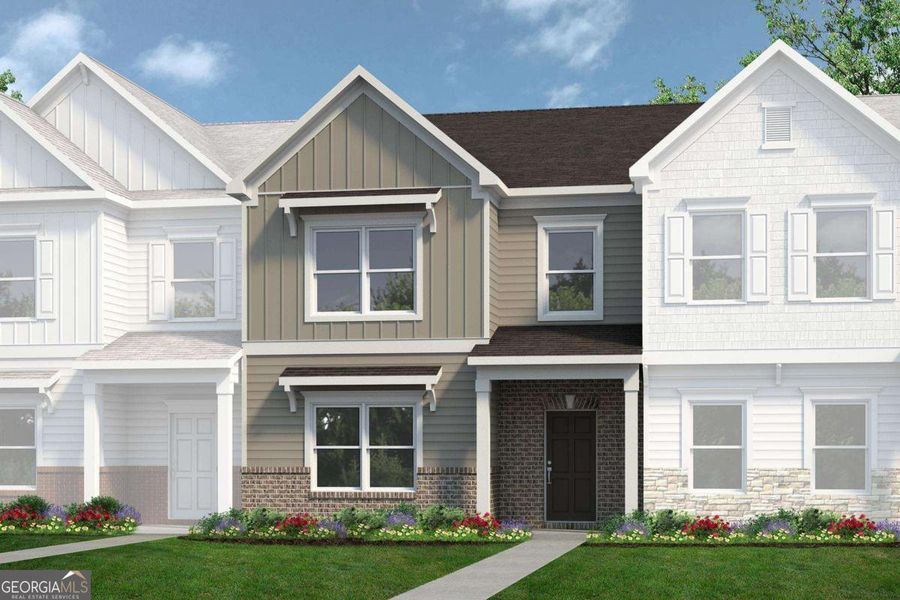 Front exterior of a new home in Crescent Towns, Riverdale, GA, highlighting curb appeal (Image 1). Front exterior of a new home in Crescent Towns, Riverdale, GA, highlighting curb appeal (Image 1).