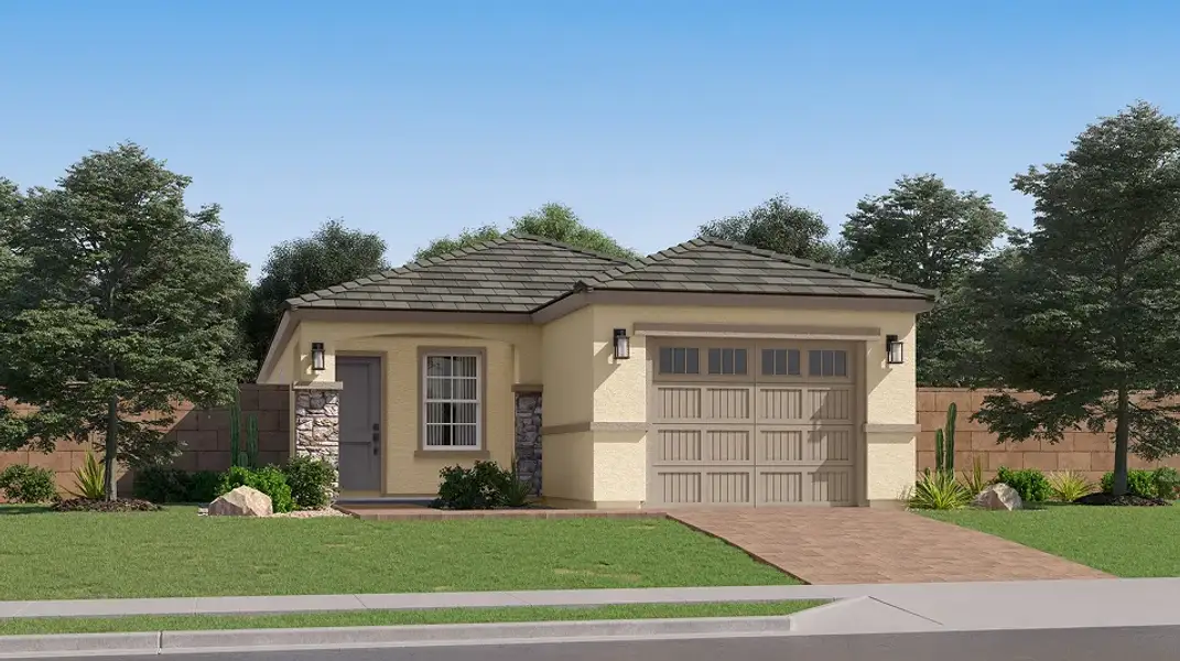 Front exterior of a new home in Blossom Rock, Apache Junction, AZ, highlighting curb appeal (Image 1). Front exterior of a new home in Blossom Rock, Apache Junction, AZ, highlighting curb appeal (Image 1).