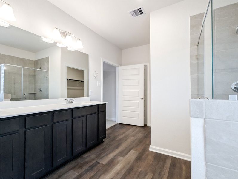 Marble countertop in master bath and storage area